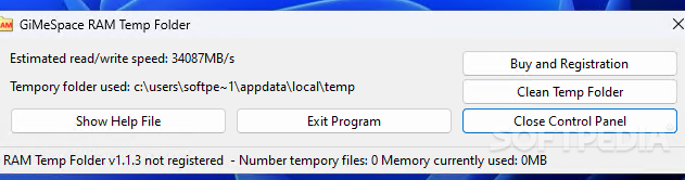 GiMeSpace RAM Temp Folder screenshot