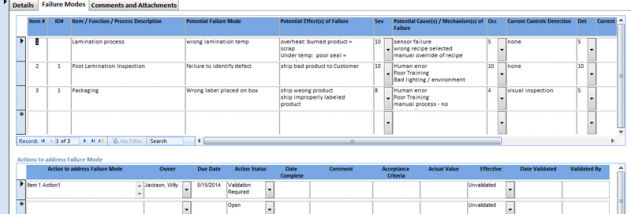 SBS FMEA Database screenshot